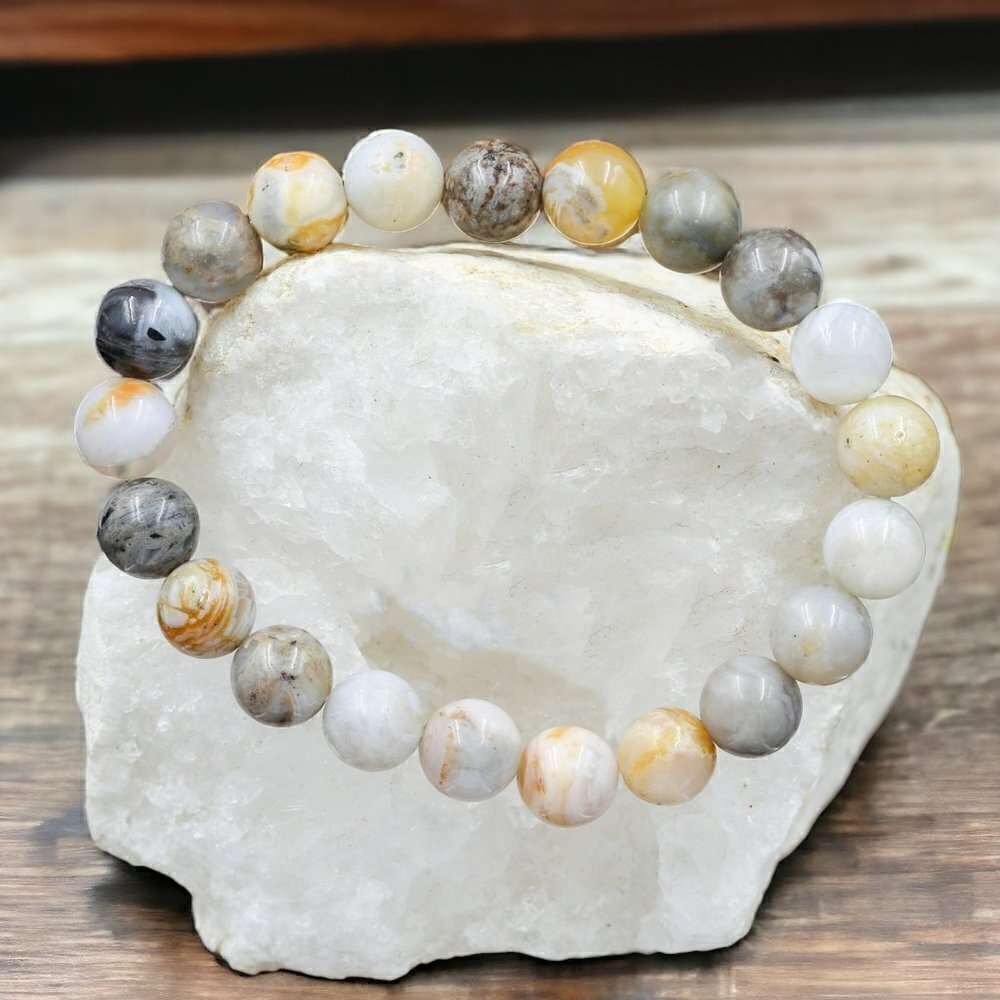 Bamboo Leaf Agate Gemstone Stretch Bracelet | Handmade - Picture 3 of 4